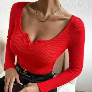 Scoop Neck Button detailed Cropped Rib-Knit Sweater top Red
